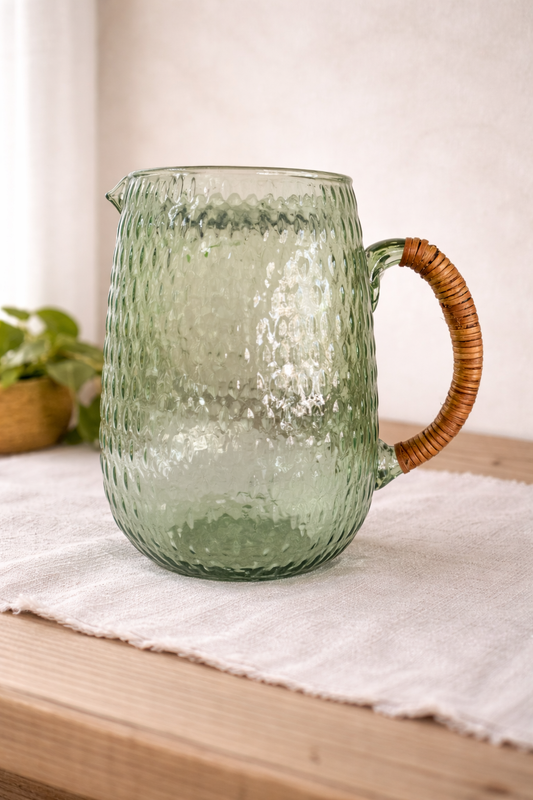 Jarra de Vidro Verde com Alça em Rattan